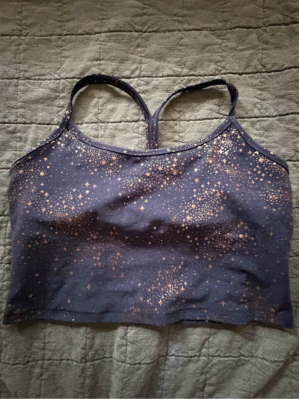 Beyond Yoga Navy Star Print Racerback Bralette with Gold Accents
